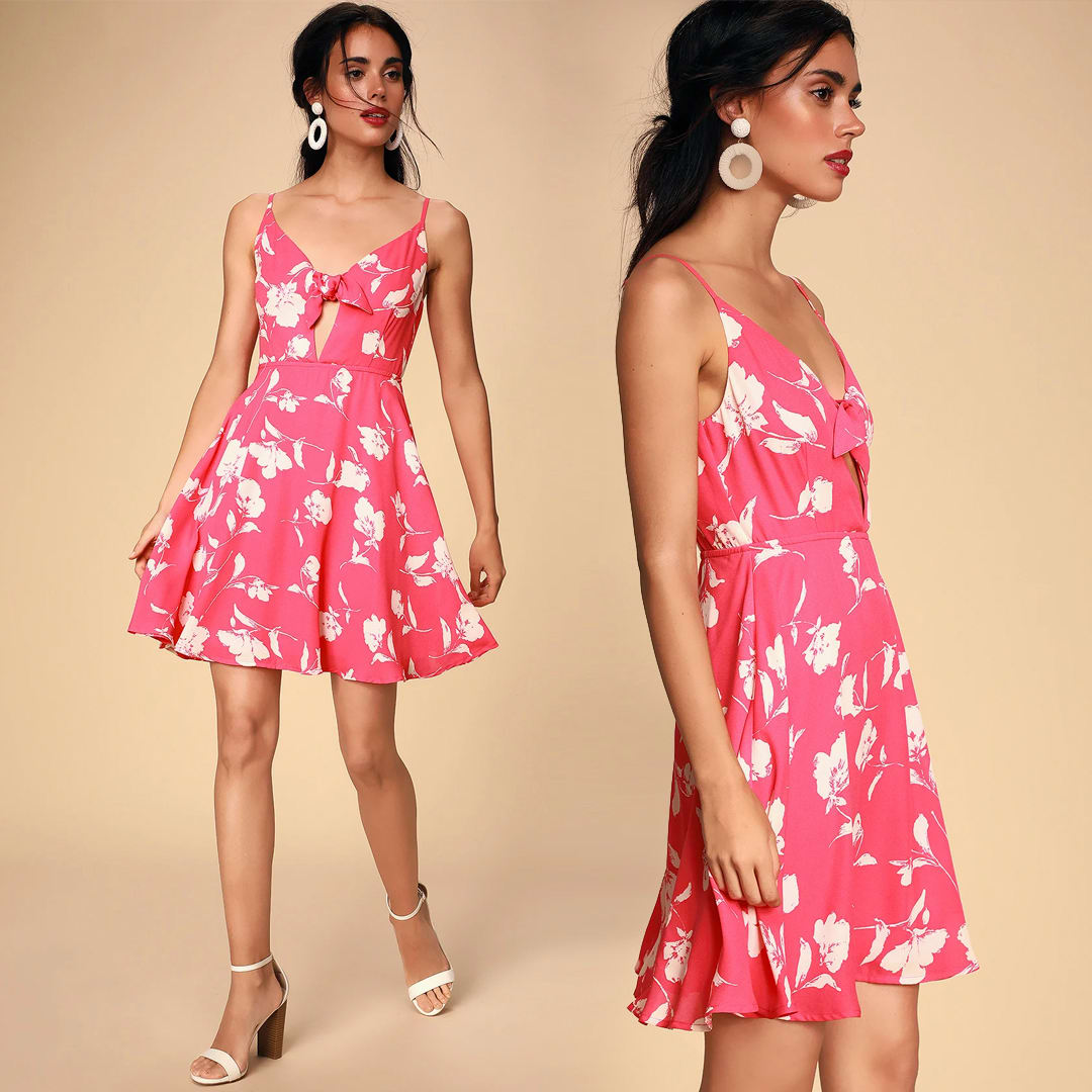 pink floral skater dress with tie front