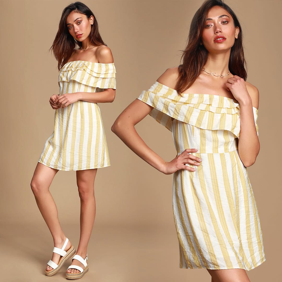 ywllow and white striped dress--off the shoulder