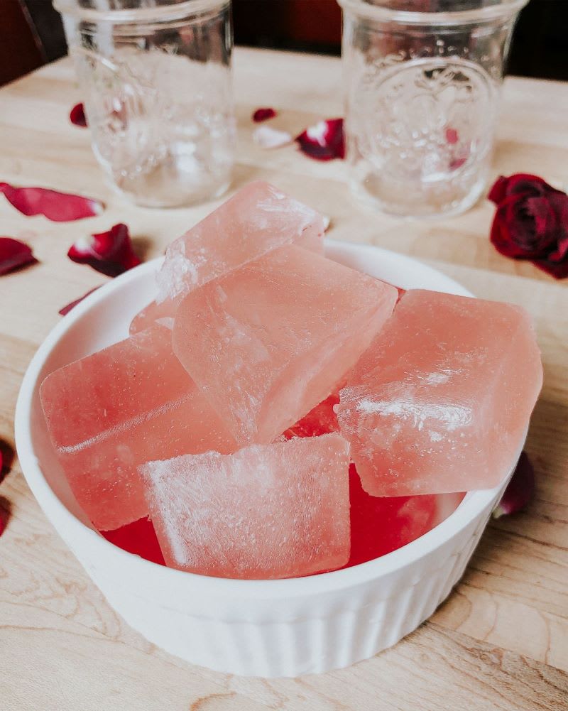 rose wine ice cubes in bowl for rosé sorbet recipe