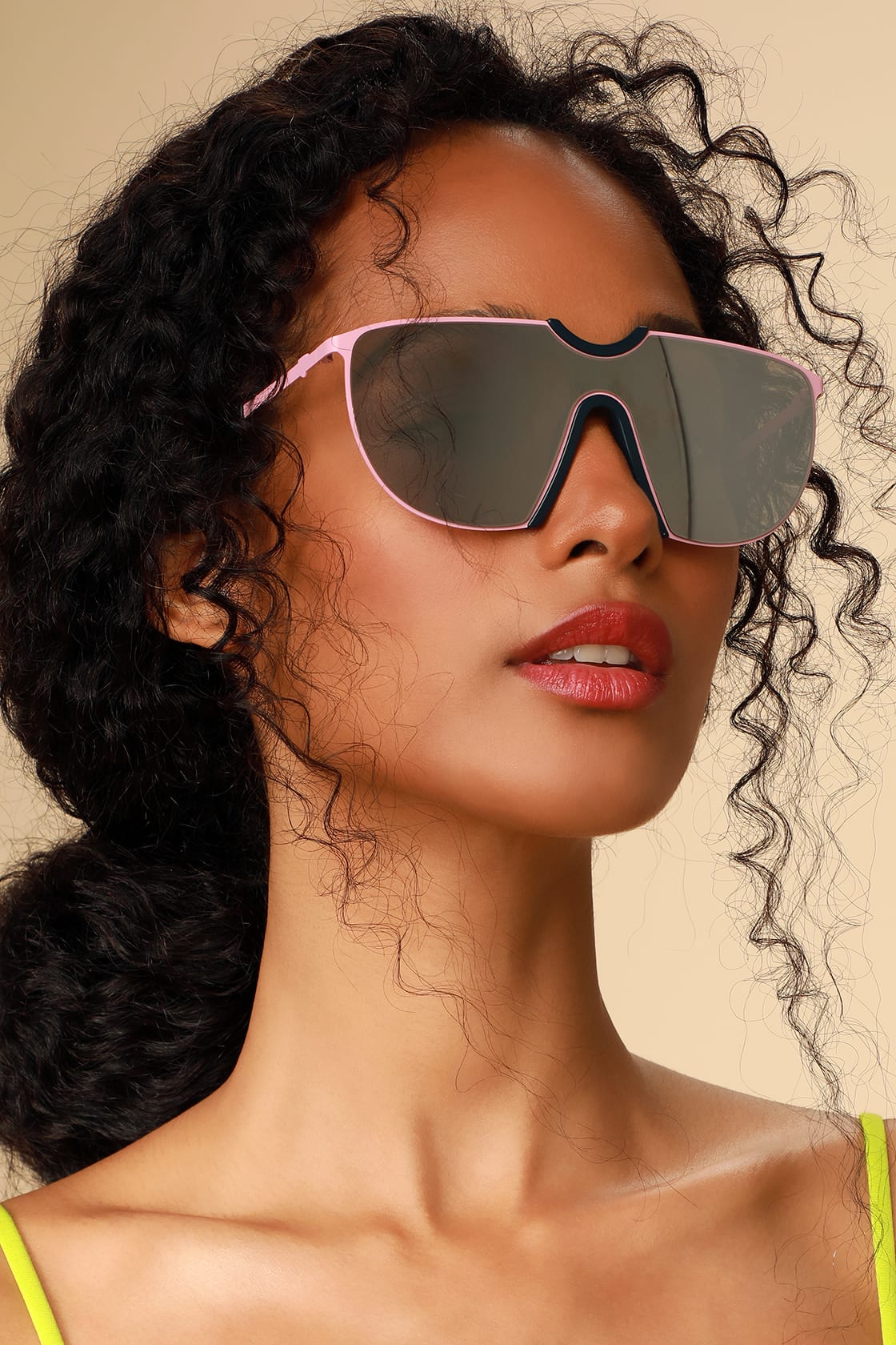 Pink Mirrored Shield Sunglasses to illustrate types of sunglasses