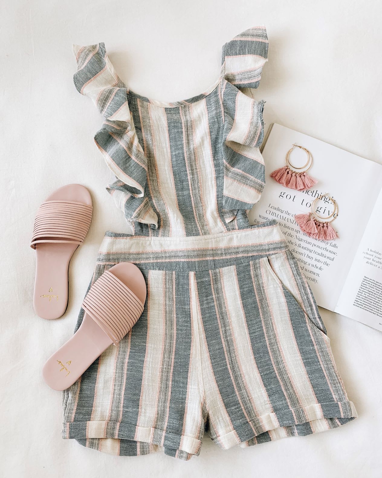 striped romper and blush accessories for striped clothes