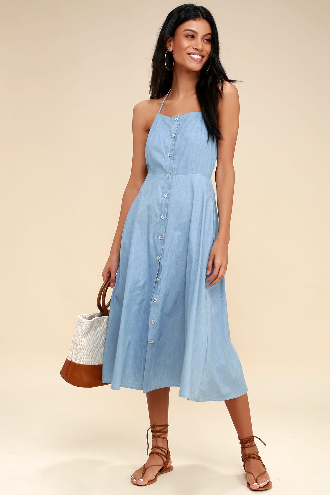 chambray button front midi dress