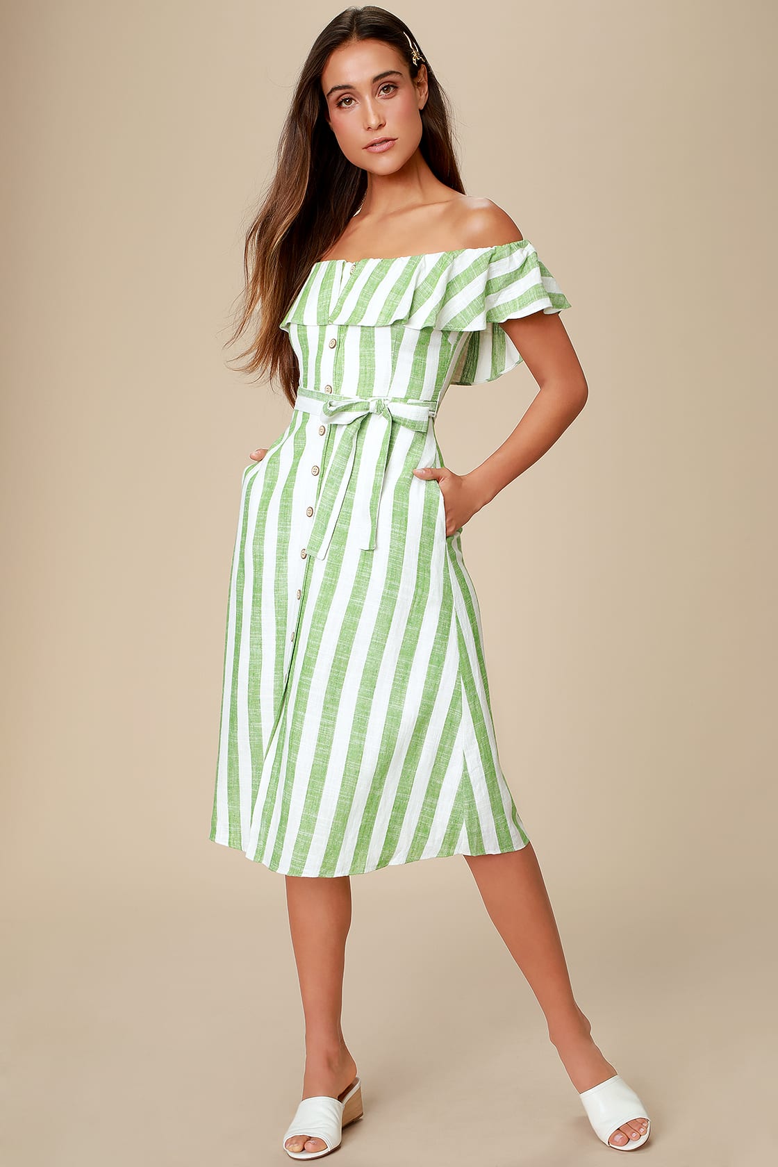 green and white striped off the shoulder dress