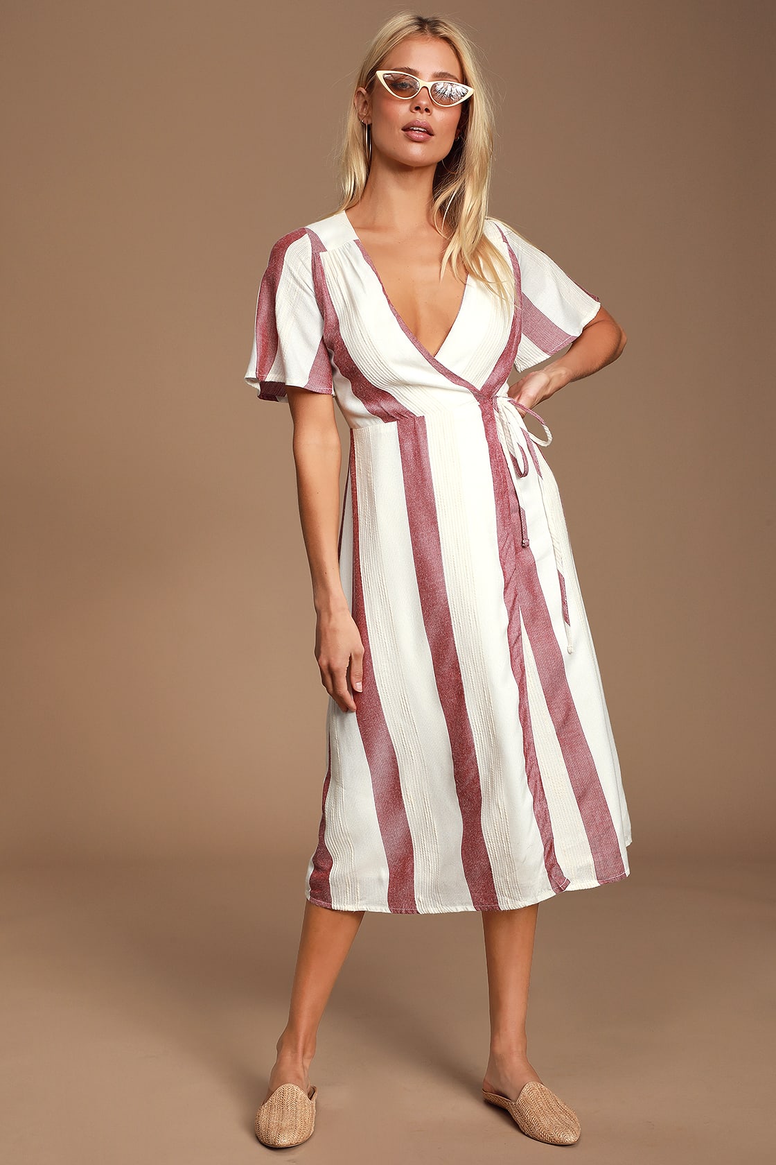 white and rust striped wrap dress
