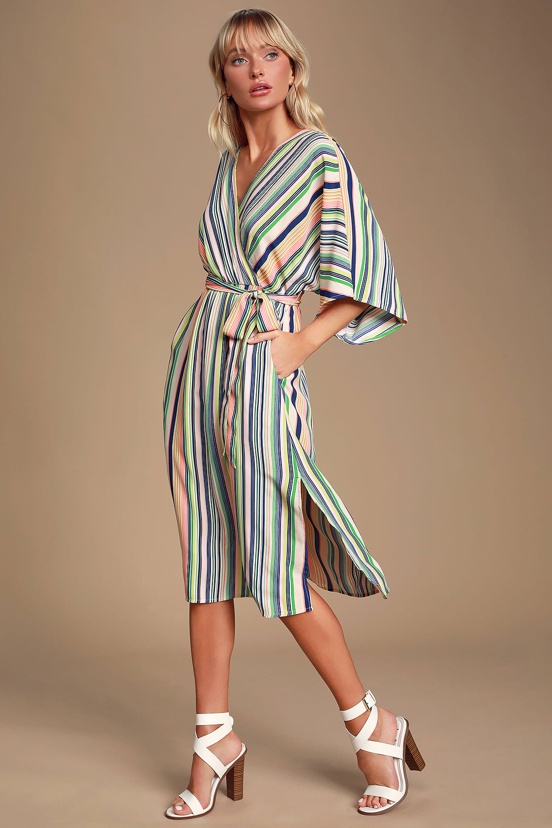 multi stripe v neck midi dress