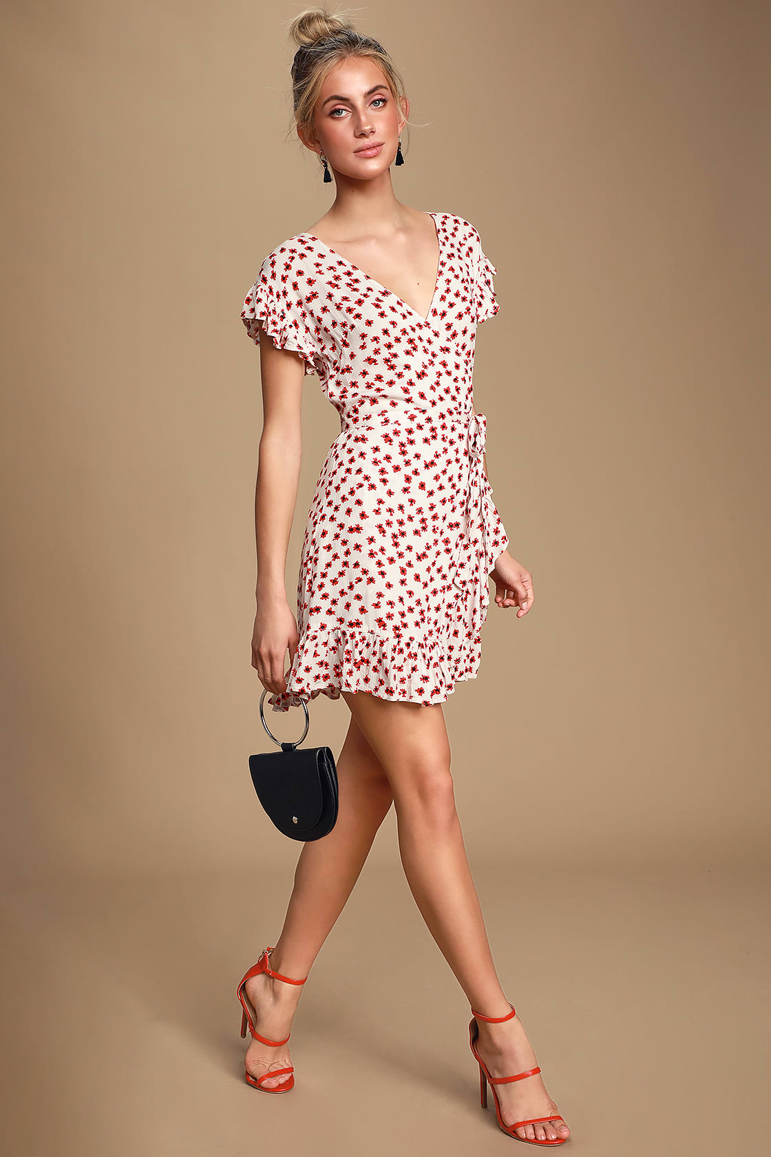red and white floral mini dress