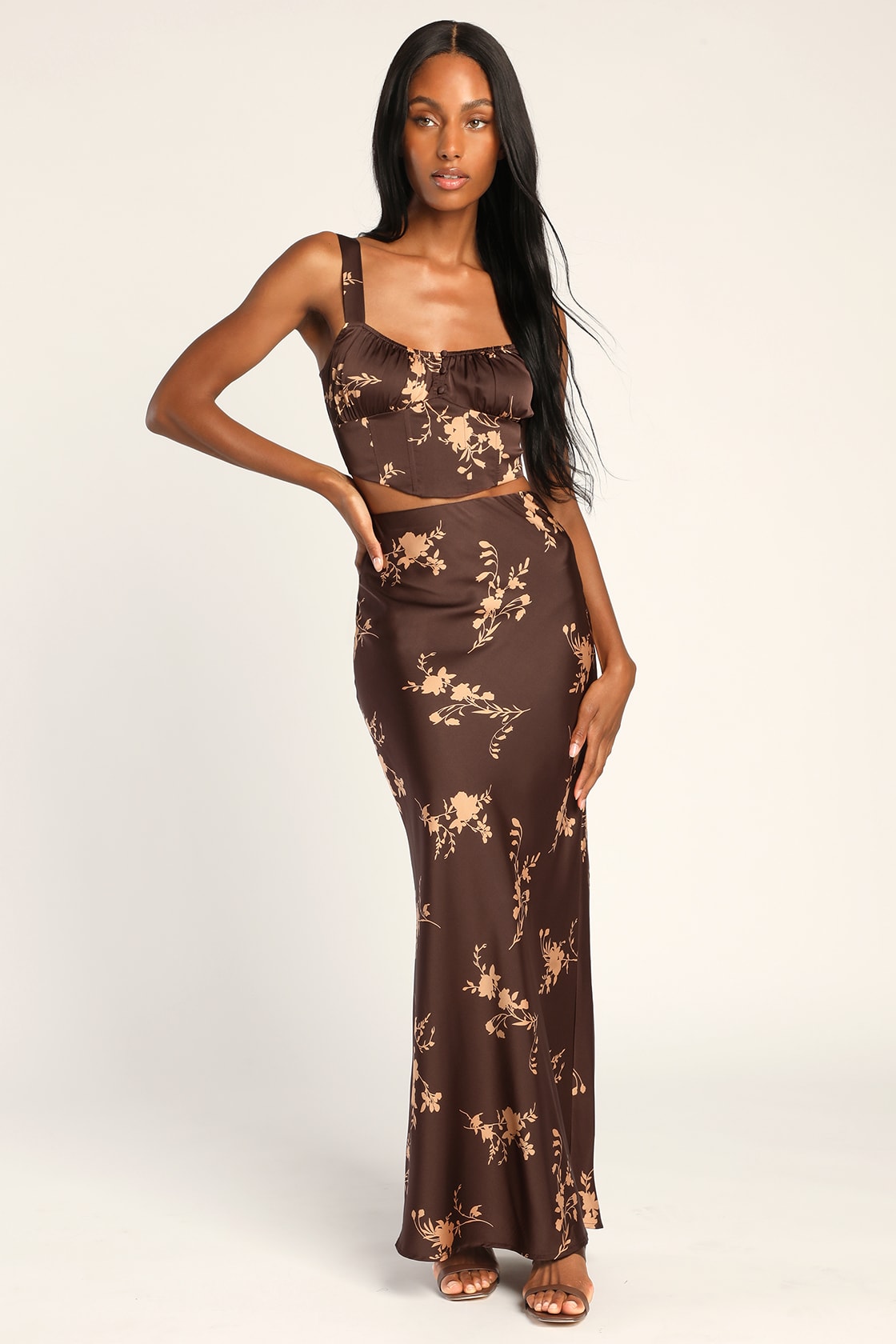 brown floral bustier and maxi skirt