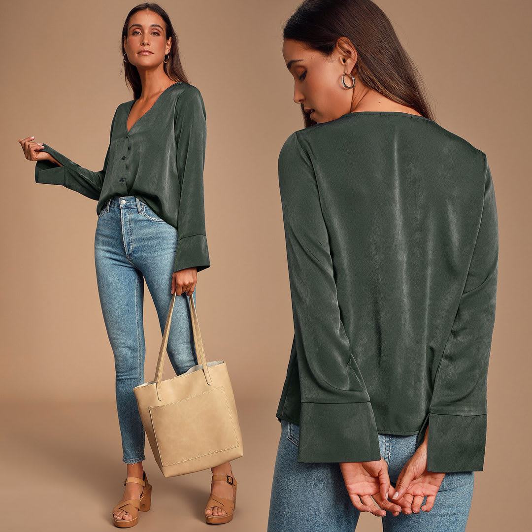 model wearing long sleeve green satin shirt and jeans