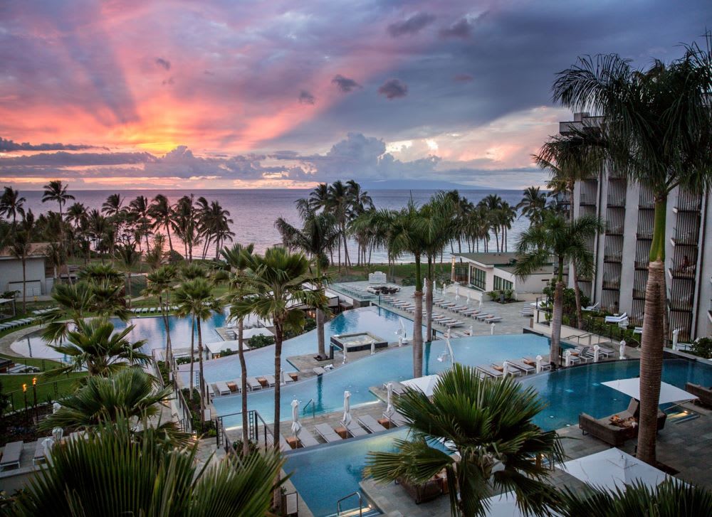 overhead view of pools and one of the best beach vacations in US at the Andaz hotel