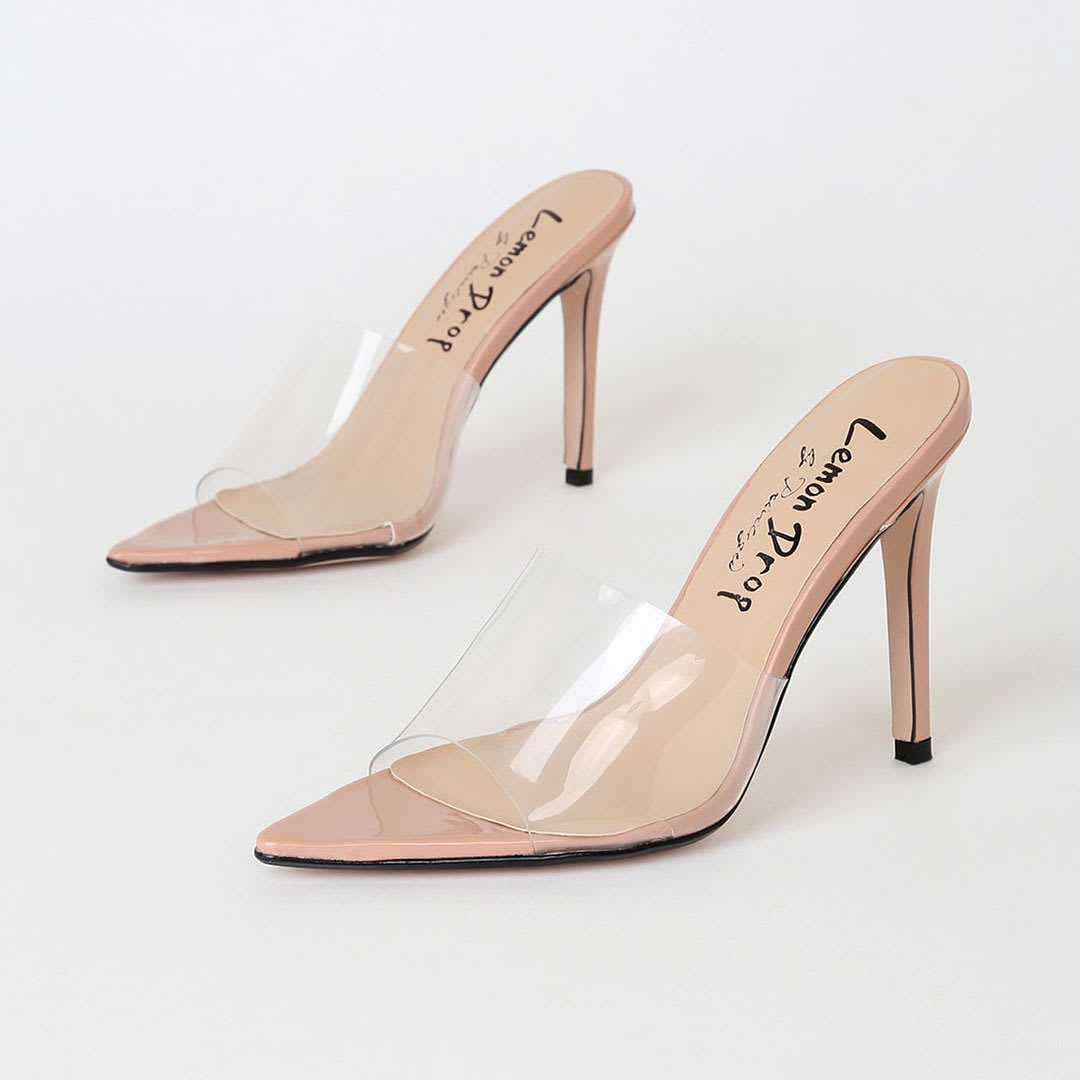 clear mules with nude heel