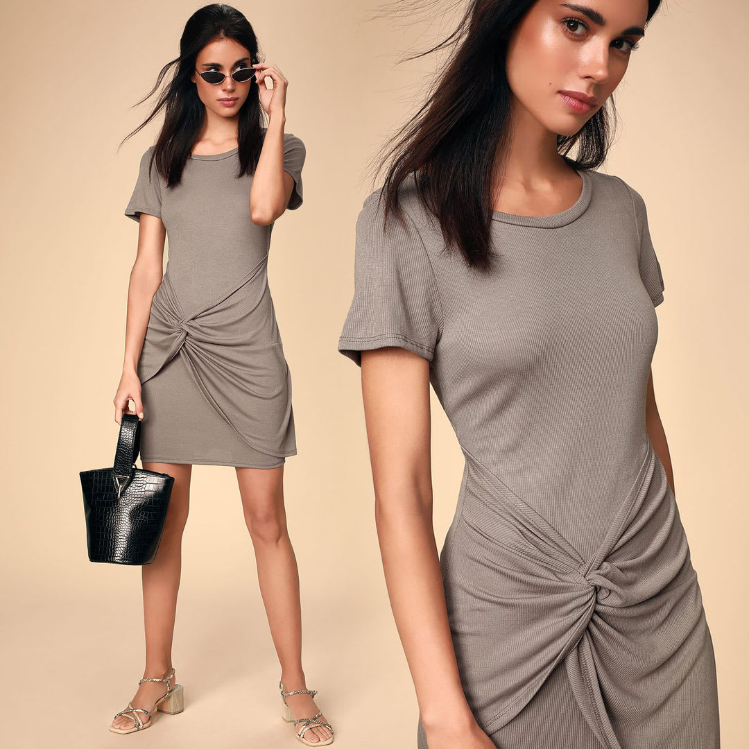 model wearing taupe shirtdress with a twist front detail