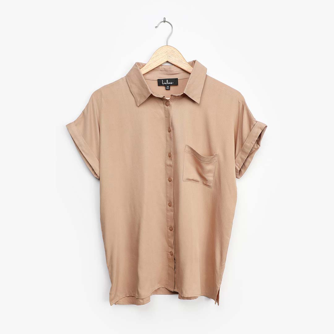 beiege button up top with patch pocket
