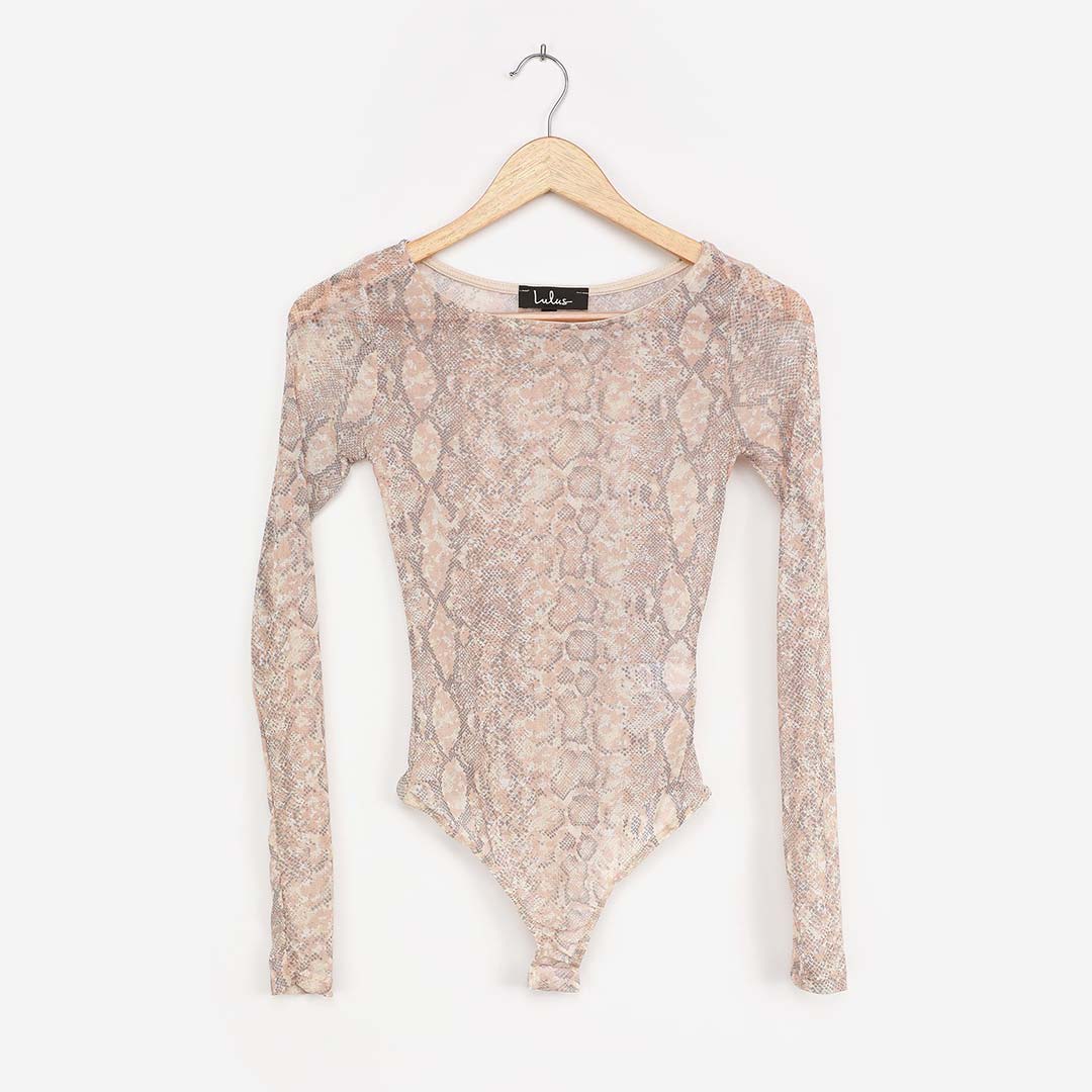beige mesh snake print bodysuit