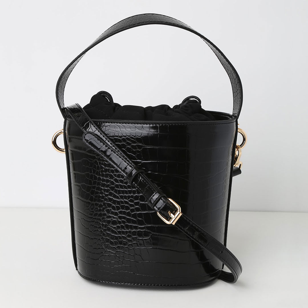 black bucket bag with faux croco finish