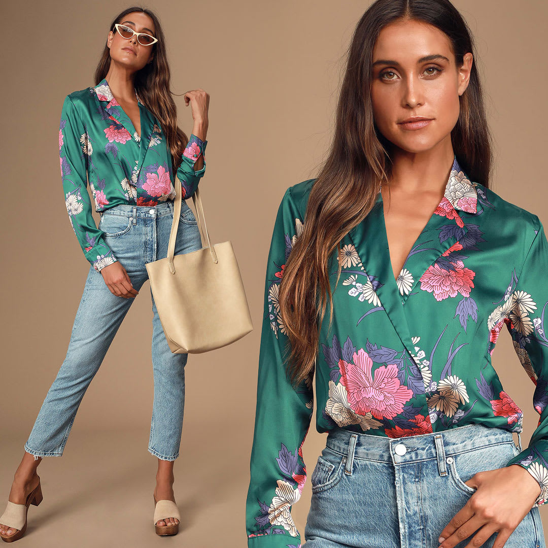 model wearing a green floral print satin bodysuit with jeans