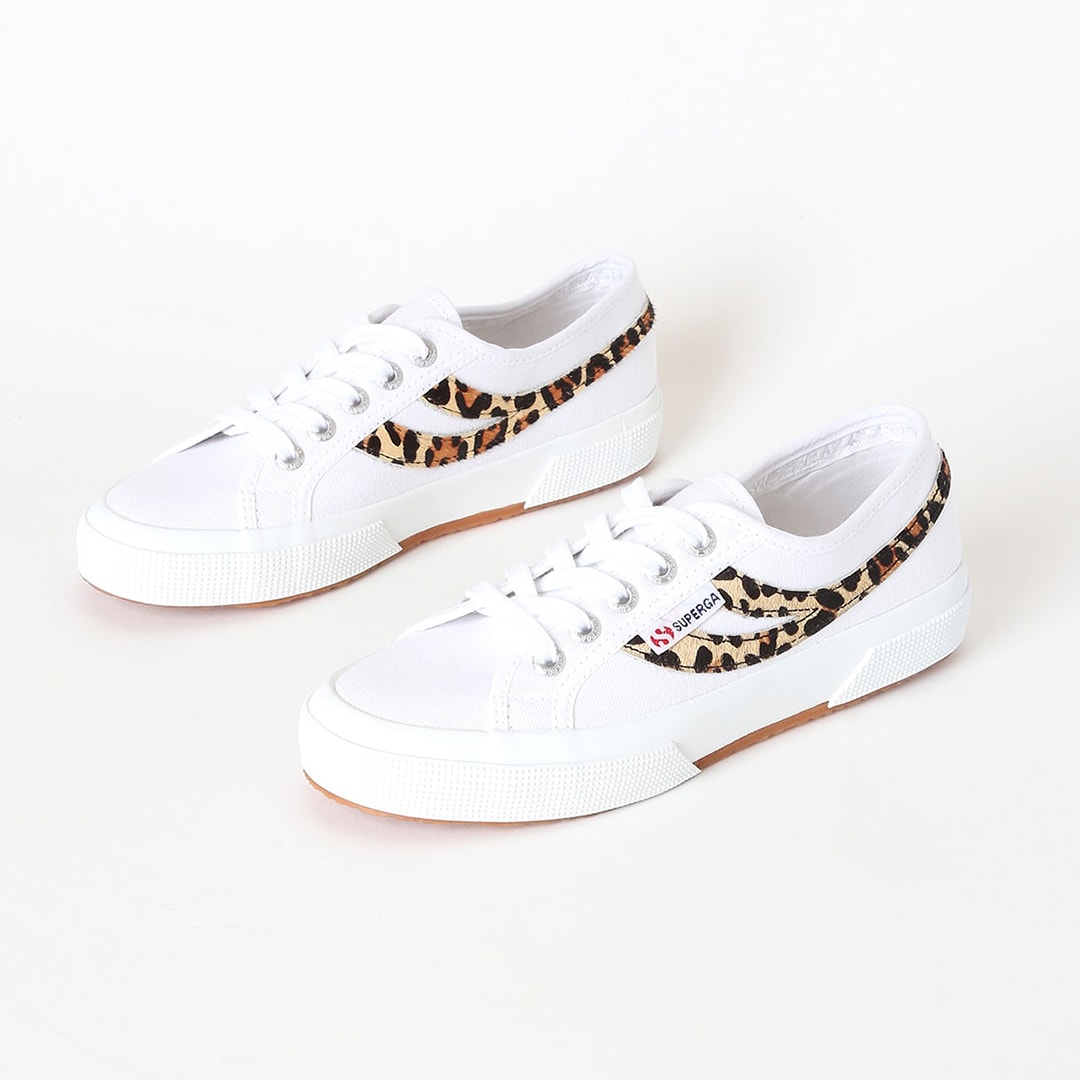 white trainers with leopard print stripe
