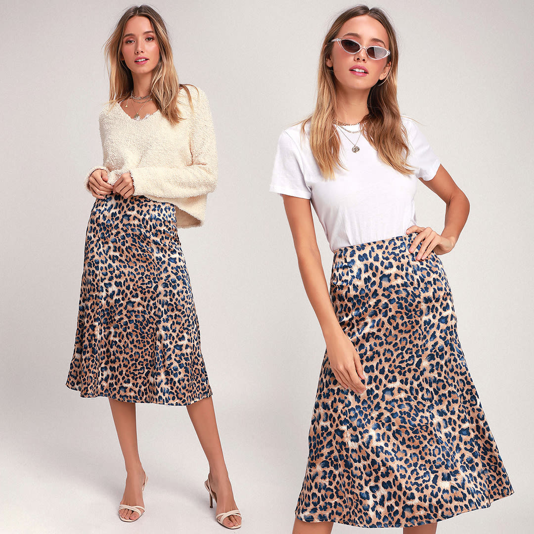 leopard print satin midi skirt