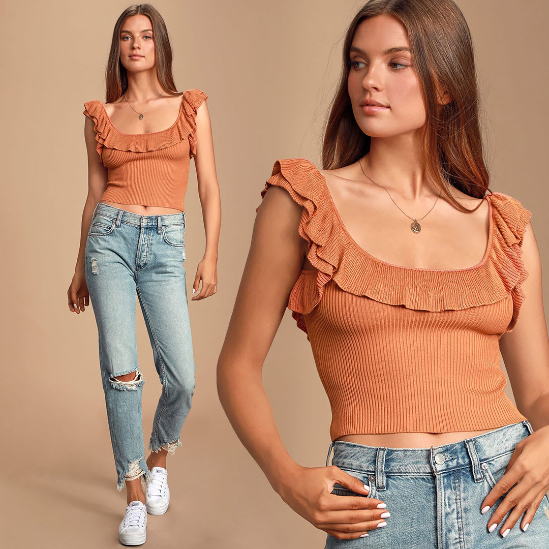 orange ruffle tank as prairie fashion