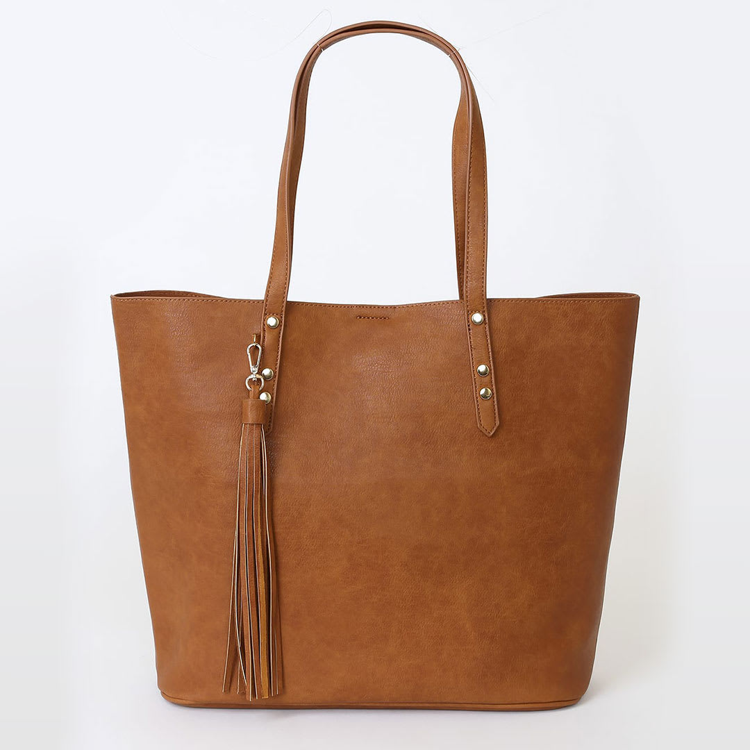 brown tote bag with tassel