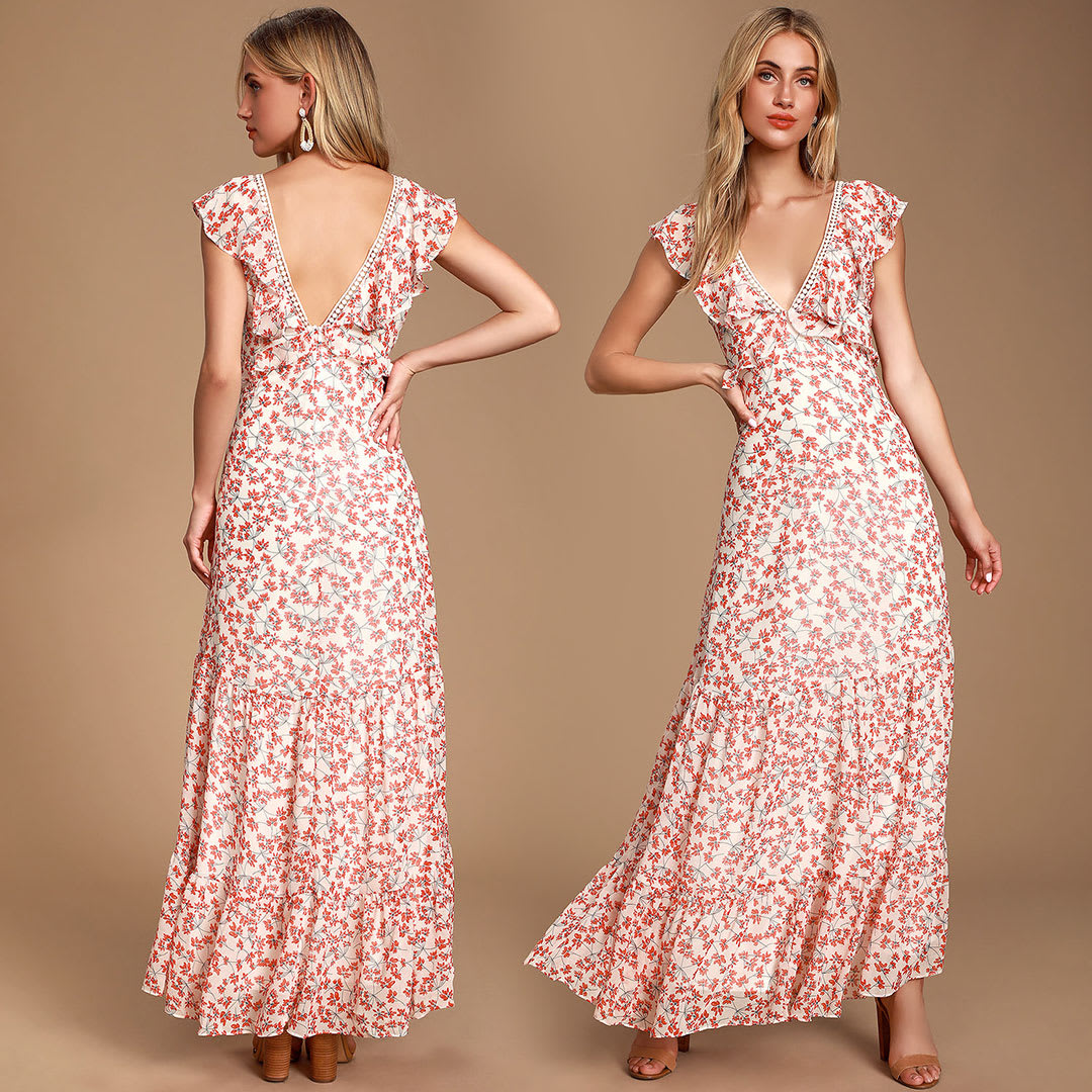 white floral maxi dress with ruffle trim