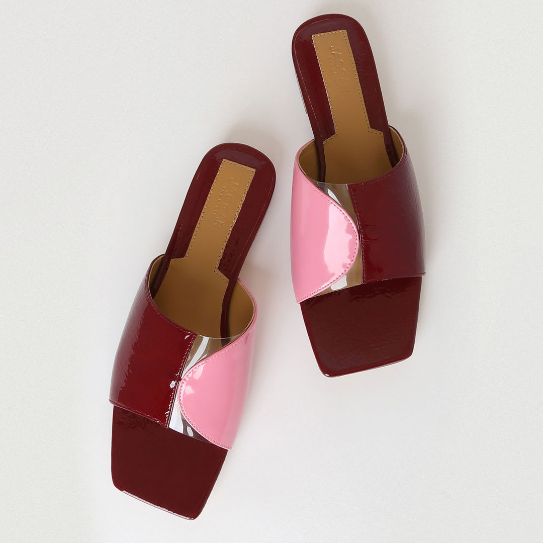 patent burgundy and pink slide sandals