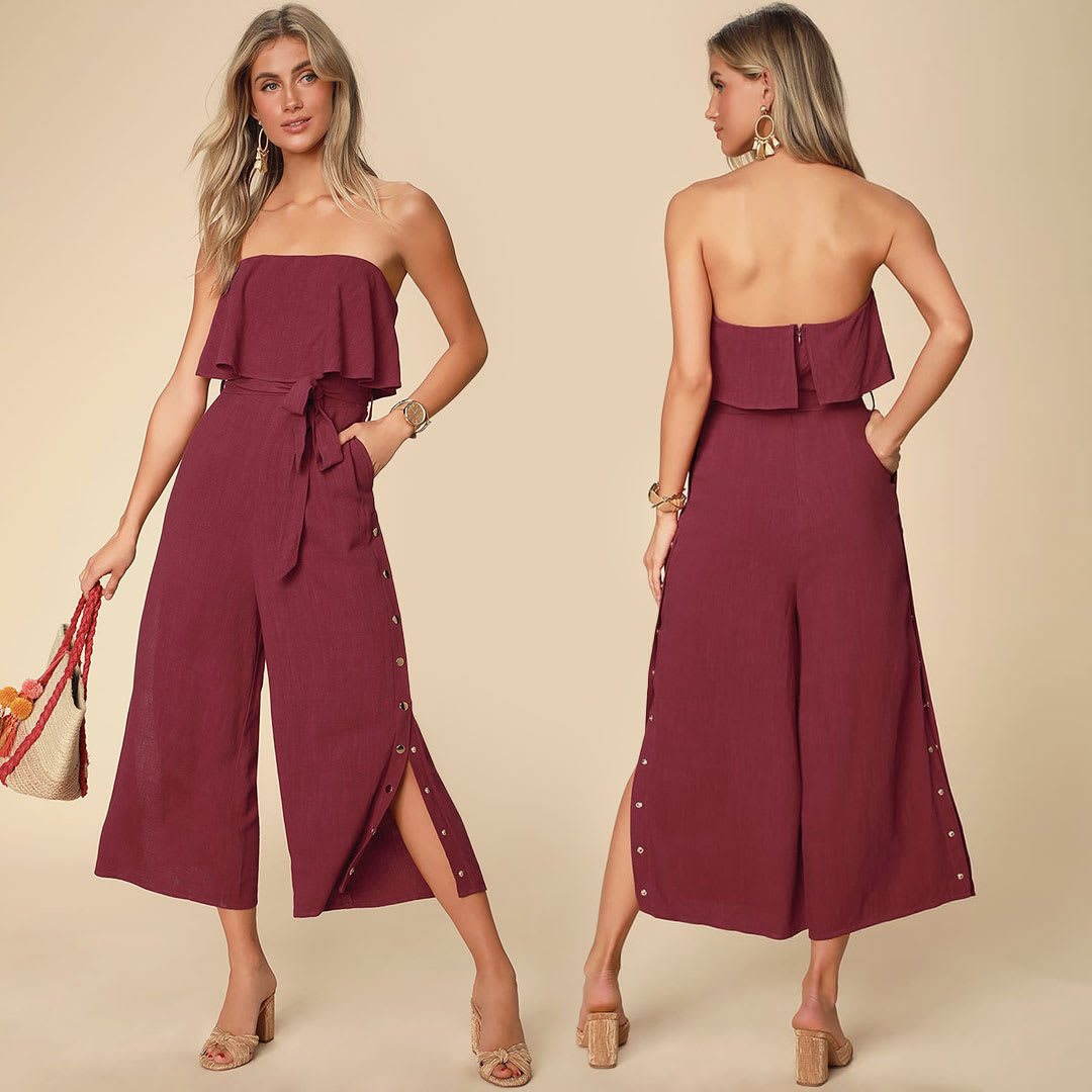 model in burgundystrapless jumpsuit