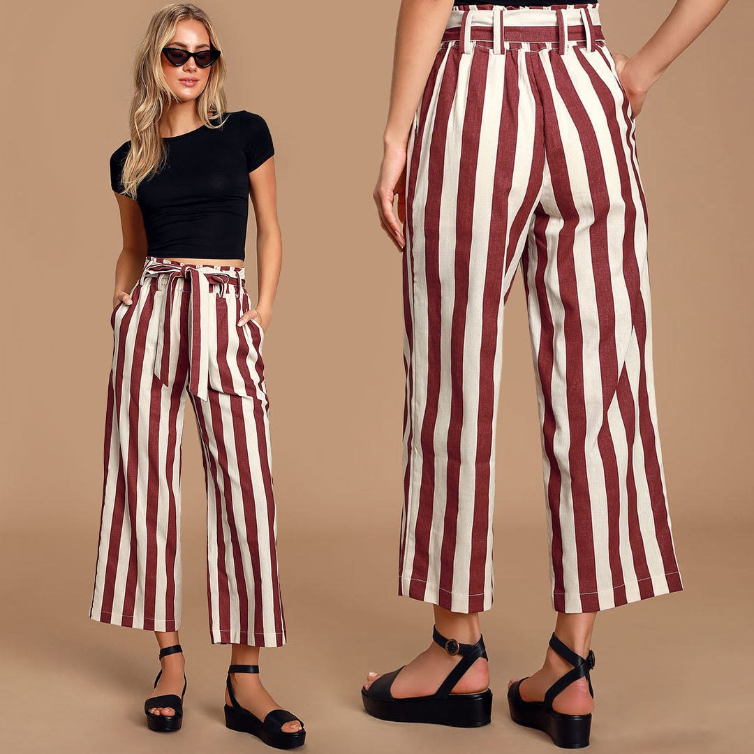 striped burgundy culottes
