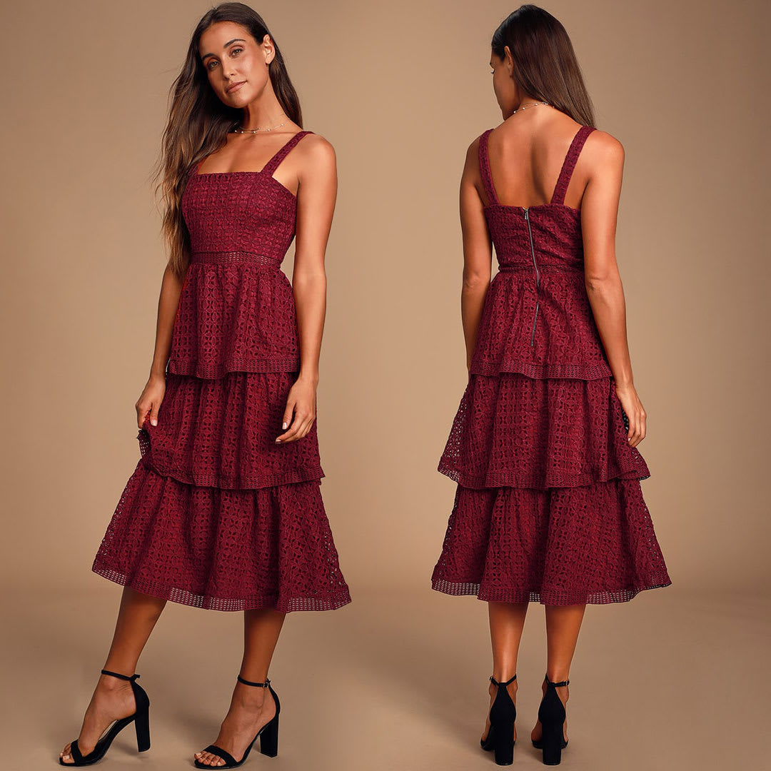 tiered ruffle burgundy dress outfit