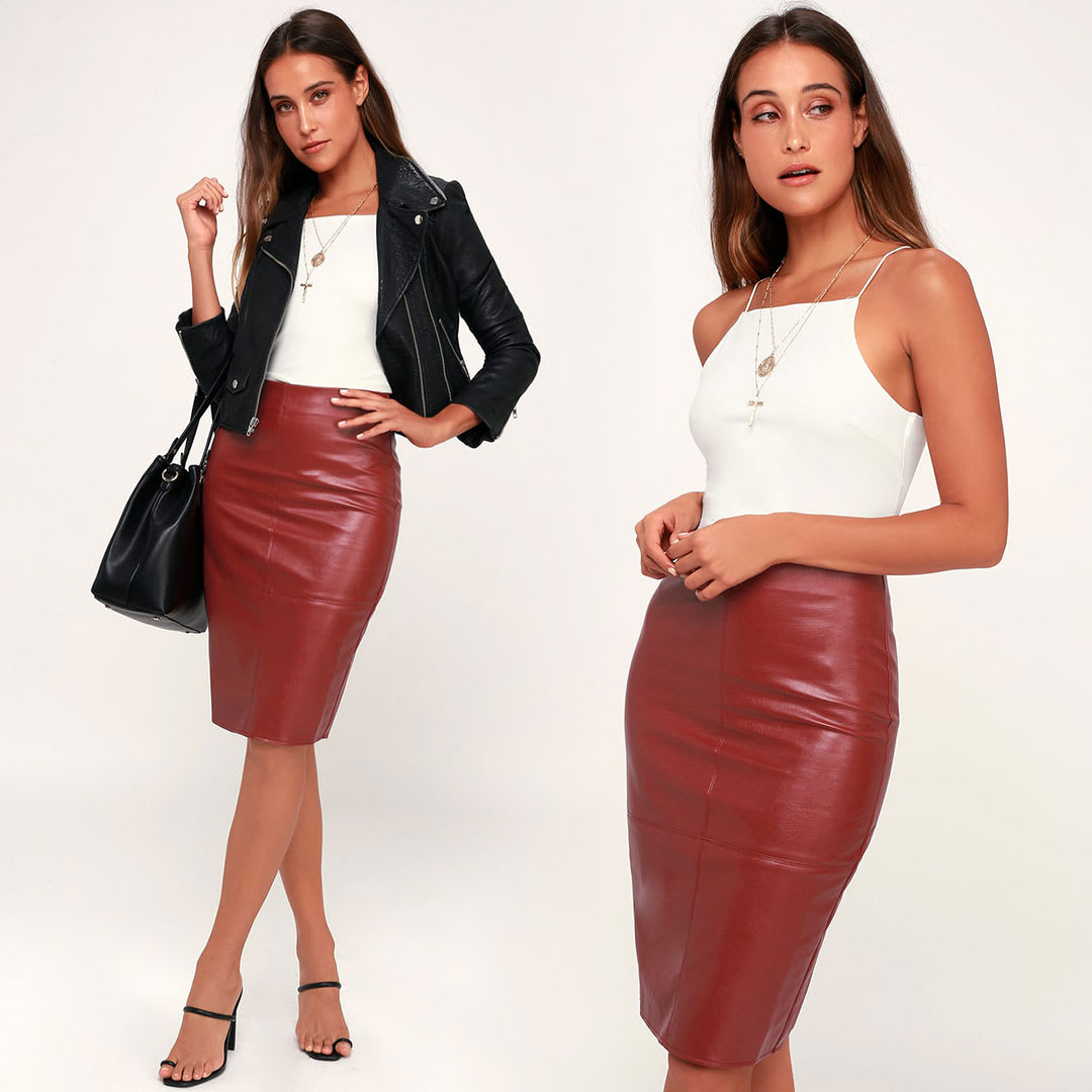 vegan leather burgundy skirt