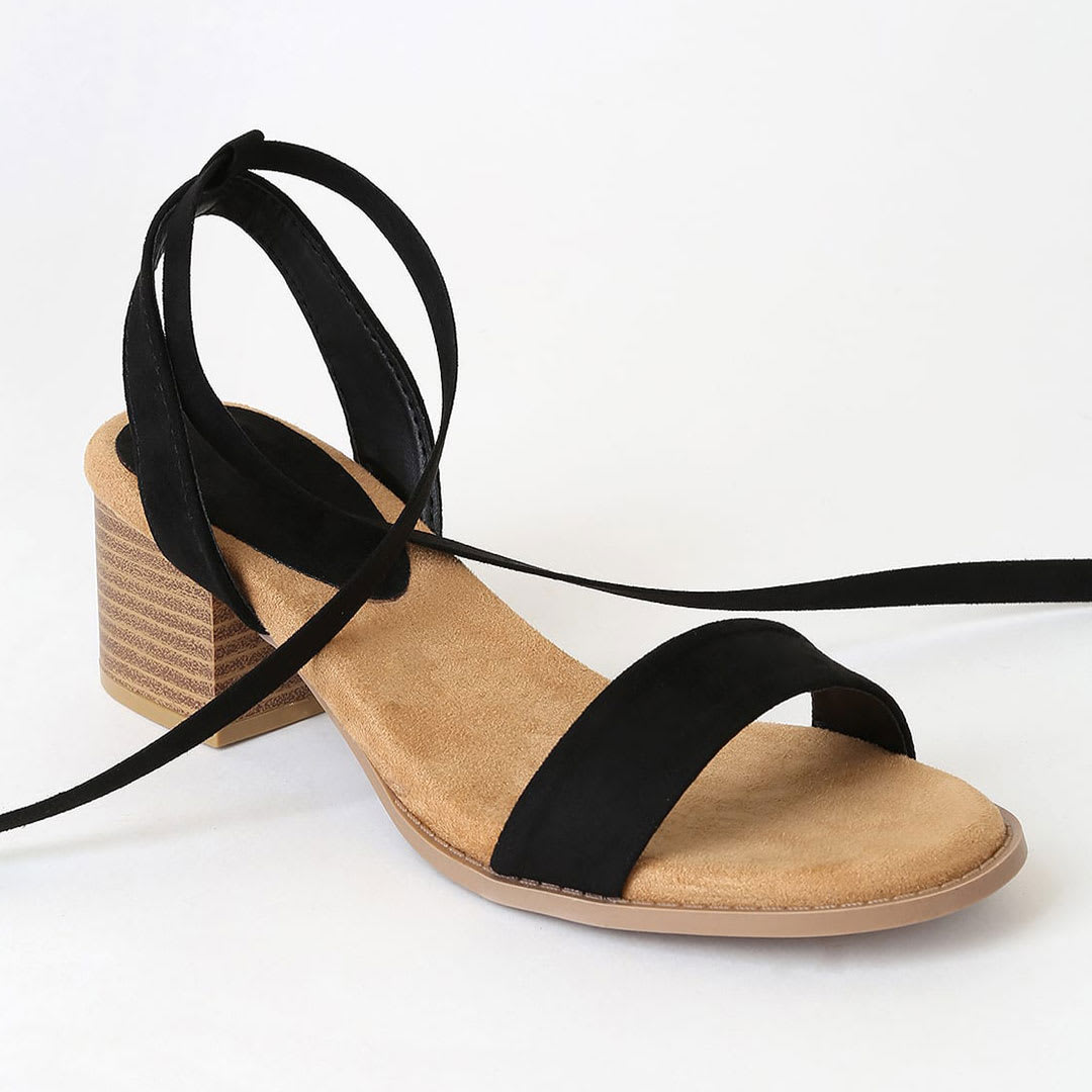 black wrap around block heel sandals