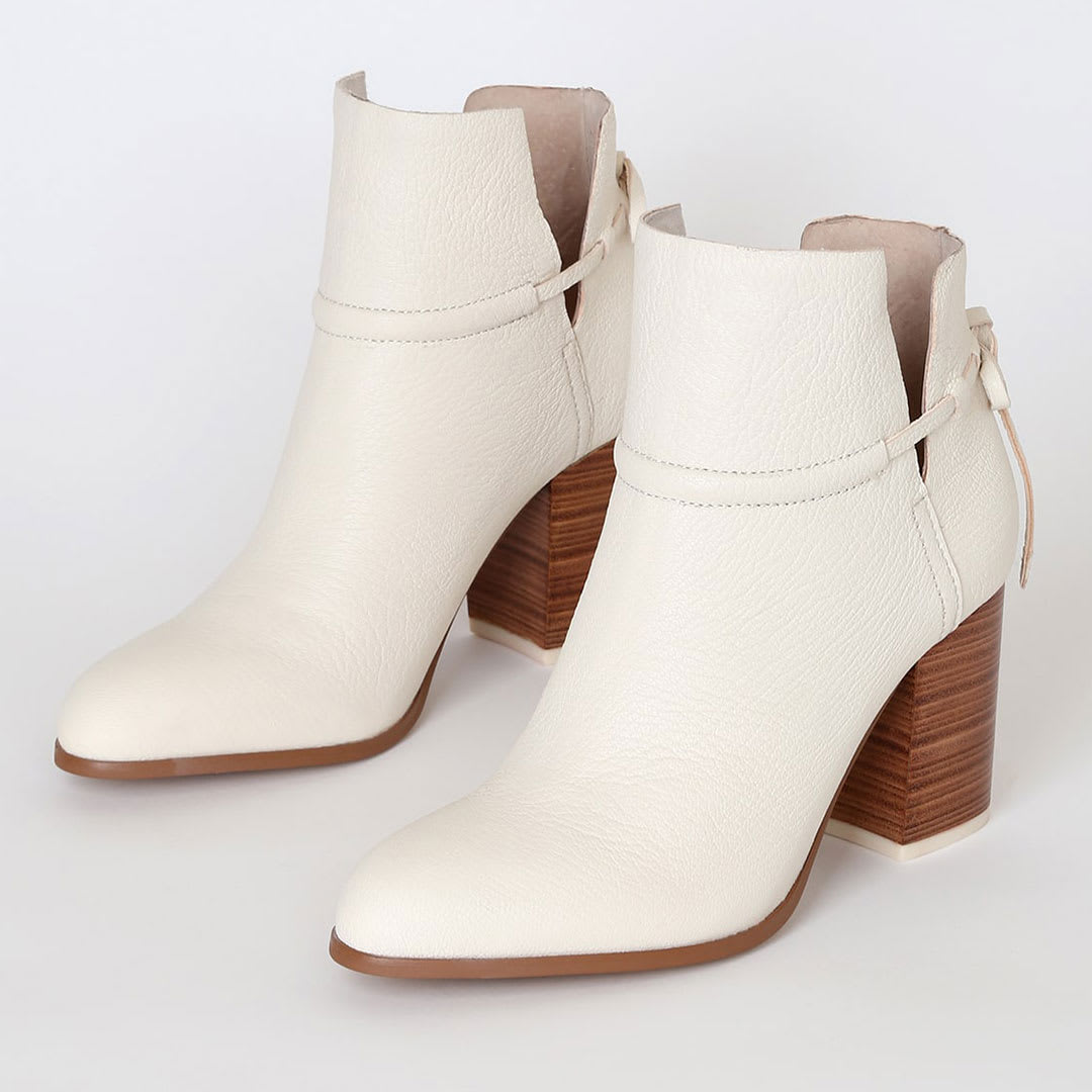 ivory ankle boots with wood stacked heels