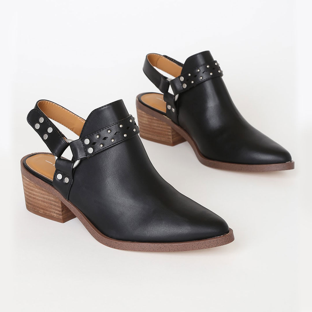 black slingback booties with wood stacked heels