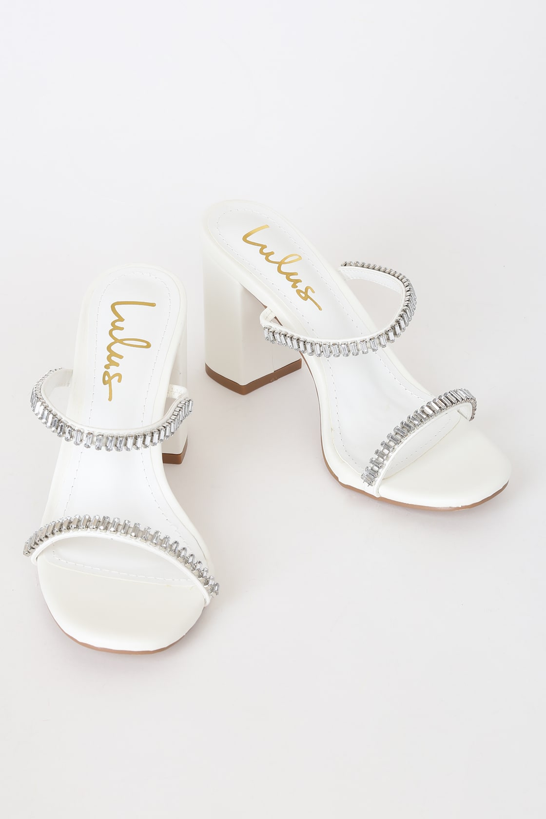 rhinestone double strap white bridal heels