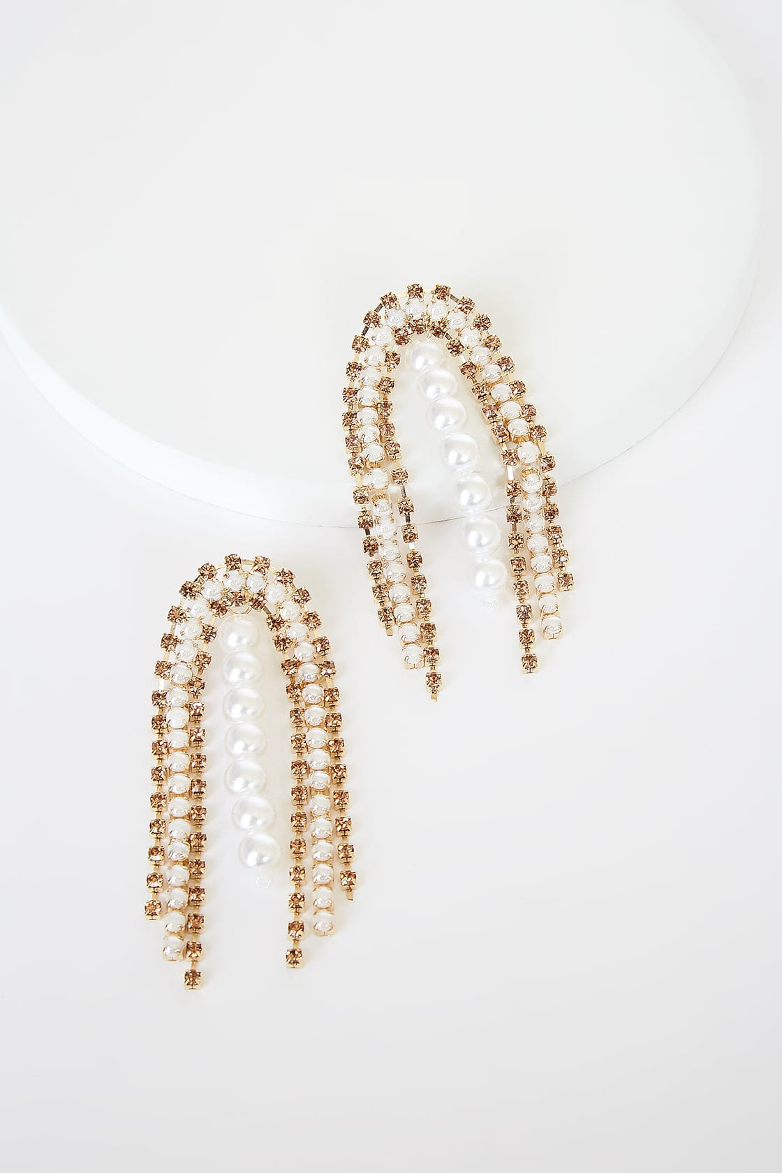 pearl and rhinestone fringe statement earrings