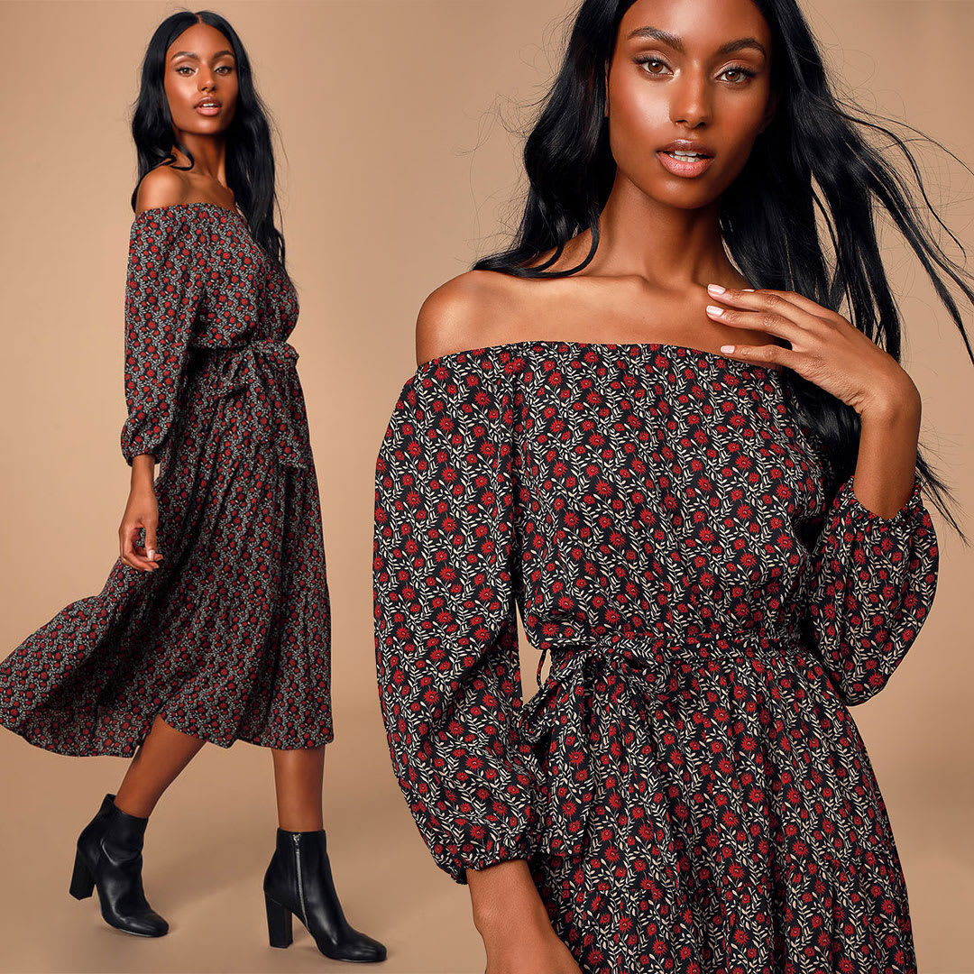 off the shoulder printed midi dress