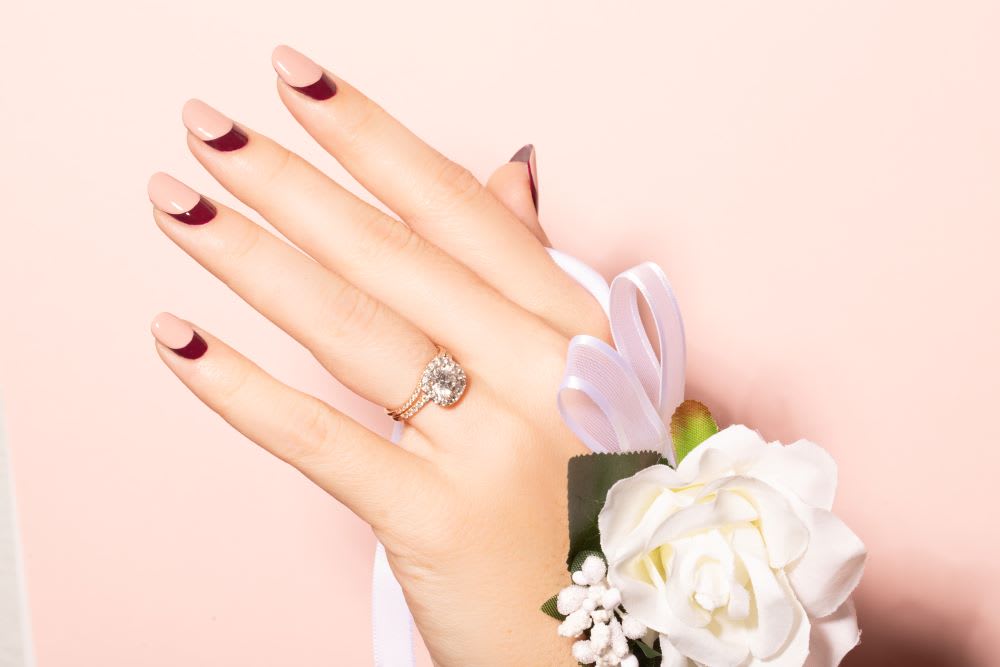 two color nails in blush and burgundy