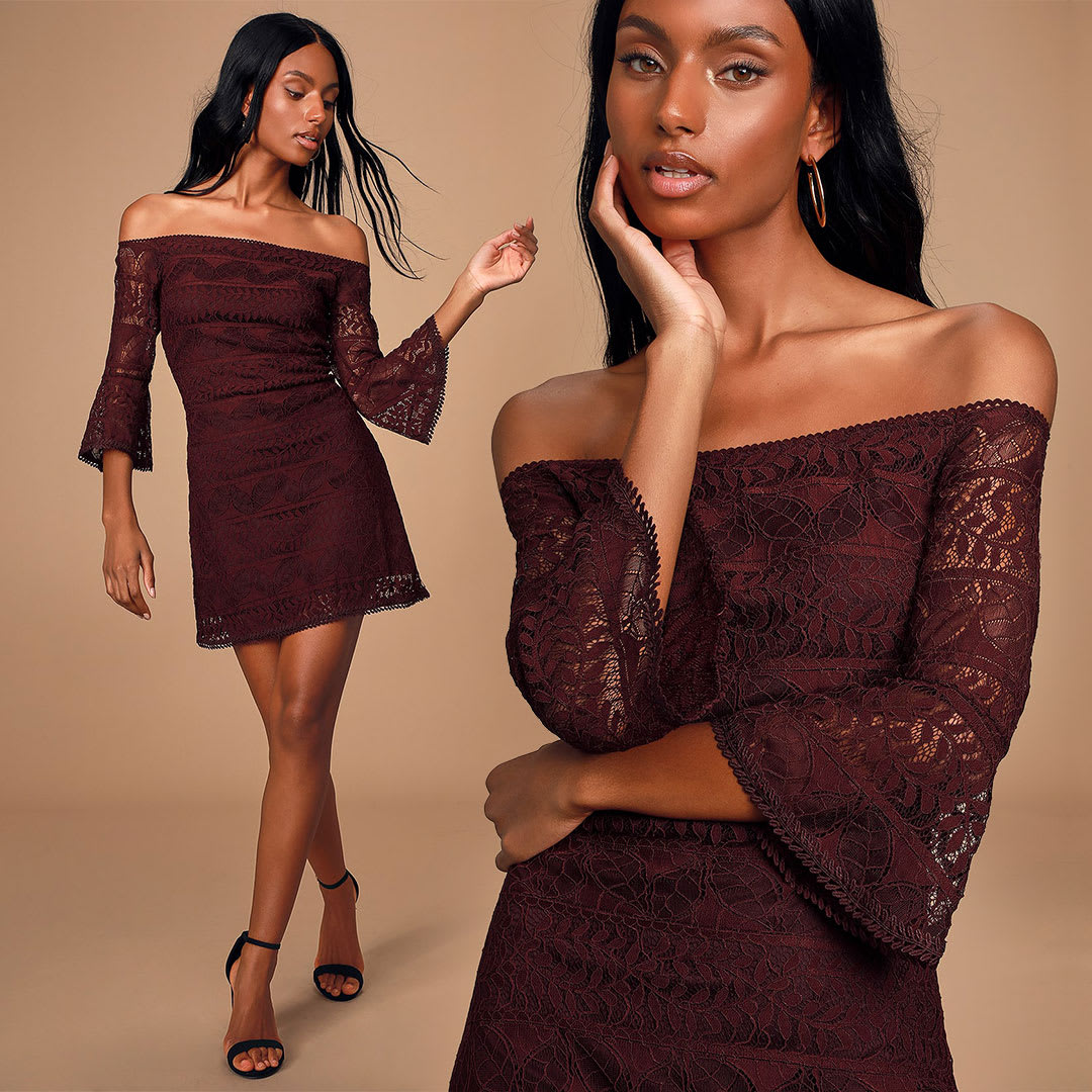 off the shoulder burgundy lace dress
