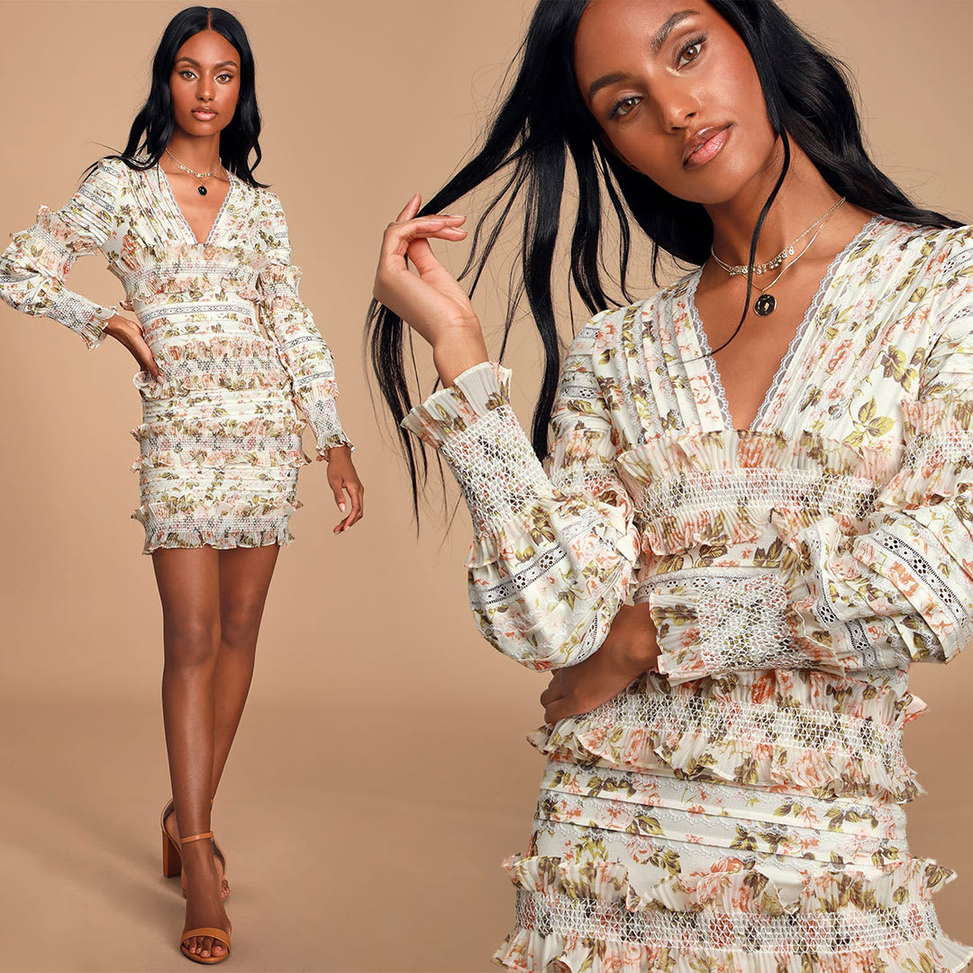 ivory floral long sleeve dress