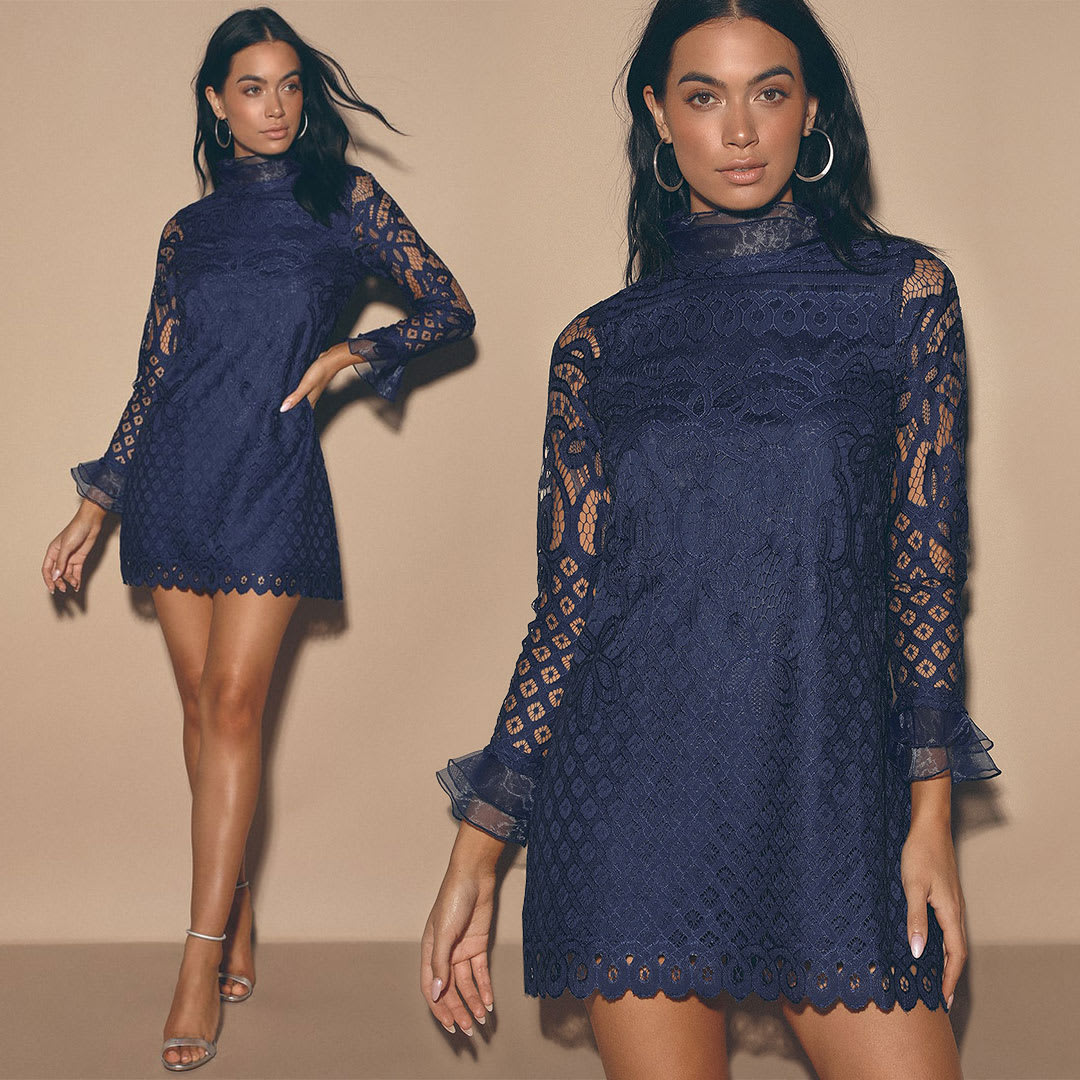 navy lace long sleeve dress