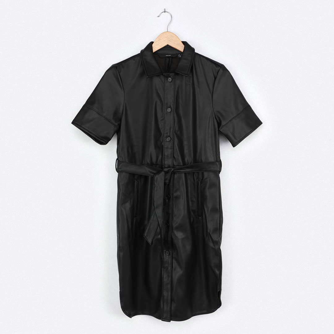 black vegan leather button up dress