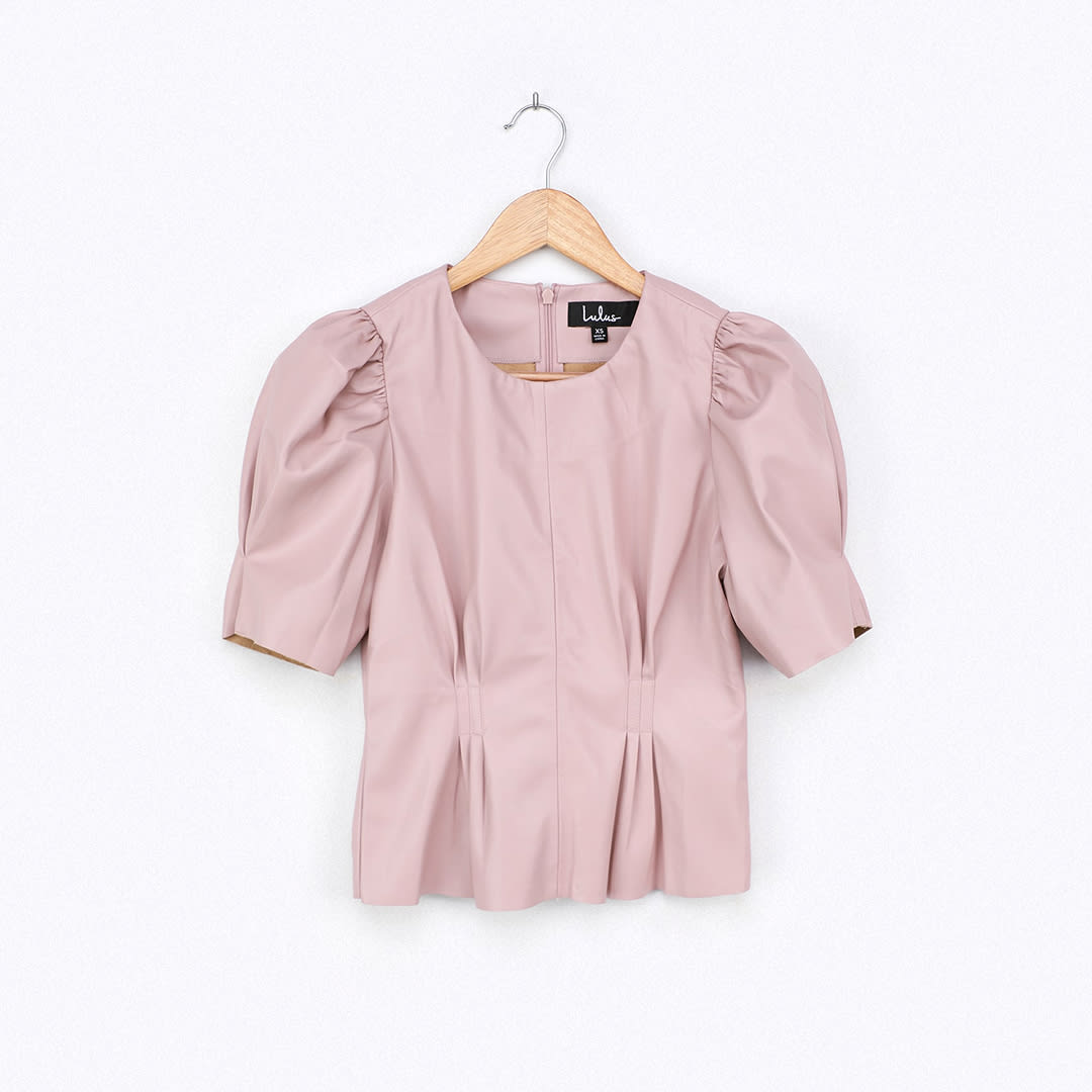 mauve pink vegan leather puff sleeve top