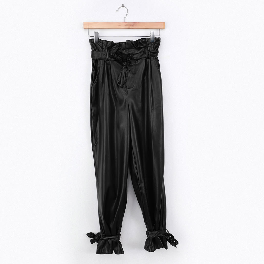 black paperbag waist vegan leather pants