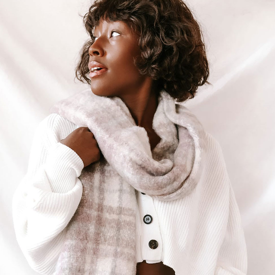 taupe plaid fringe scarf