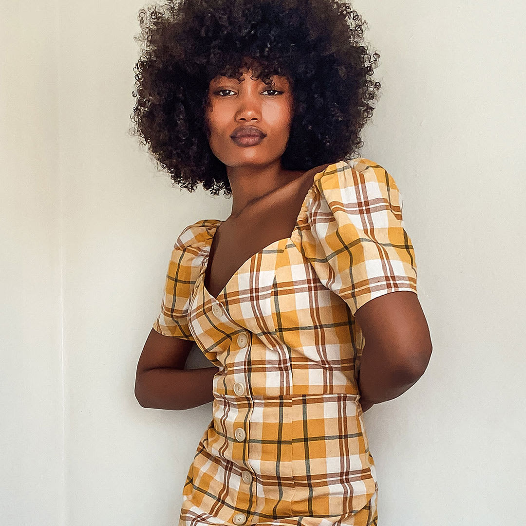 yellow plaid button front mini dress