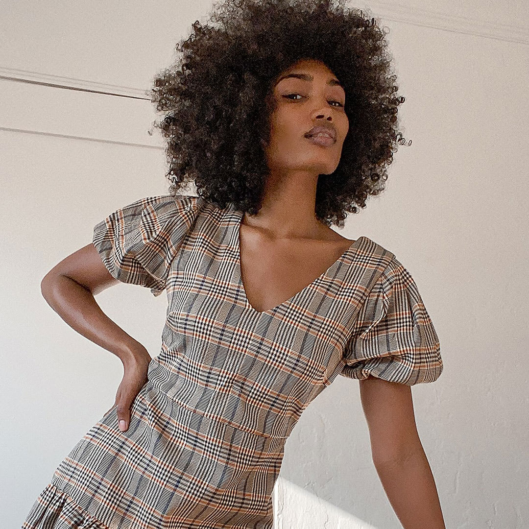 brown plaid ruffled puff sleeve mini dress