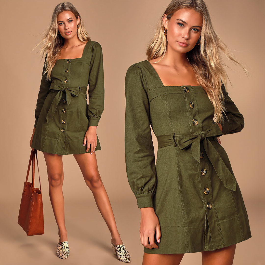 button front olive green long sleeve dress