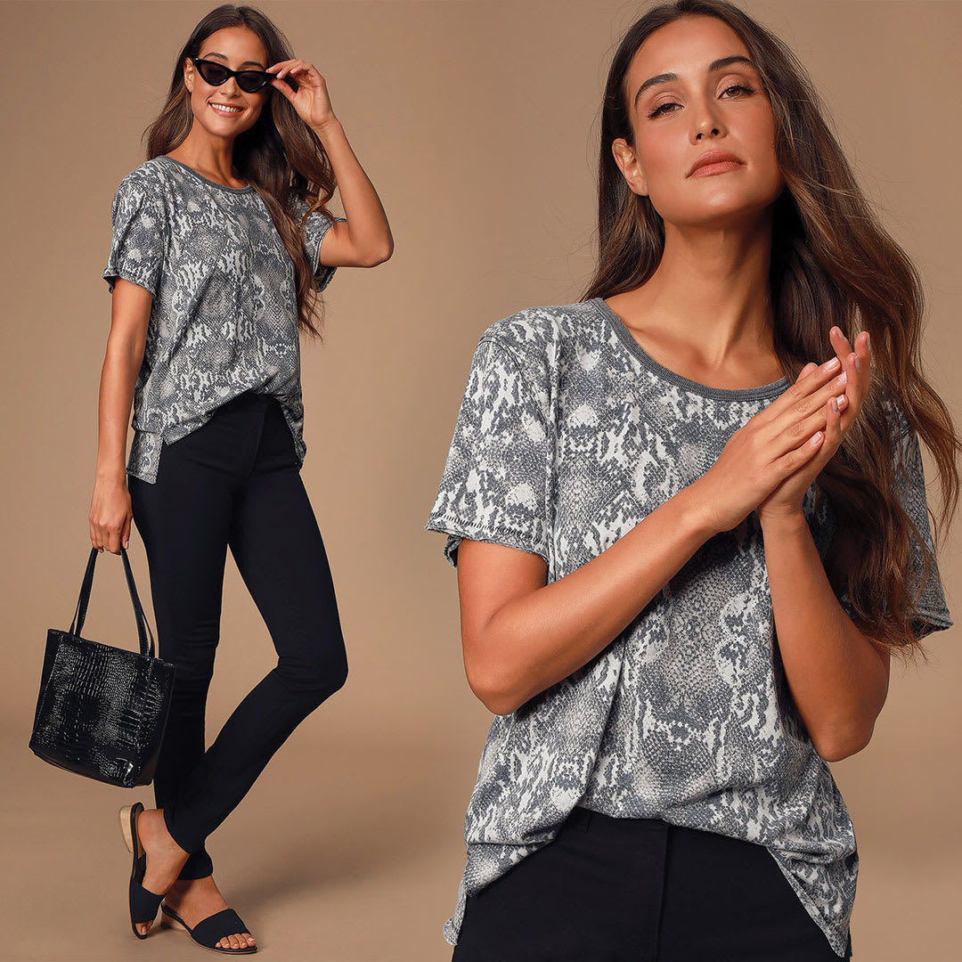 grey snakeskin top t-shirt as example of snake print clothing