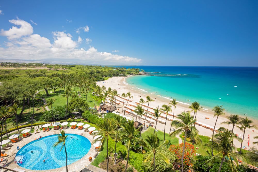 aerial view of pool and beach at mauna kea resort