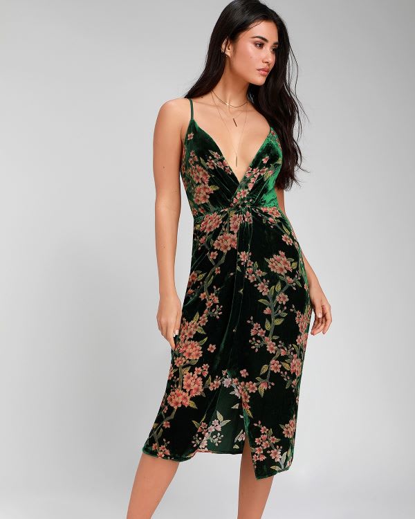 green floral velvet slip dress