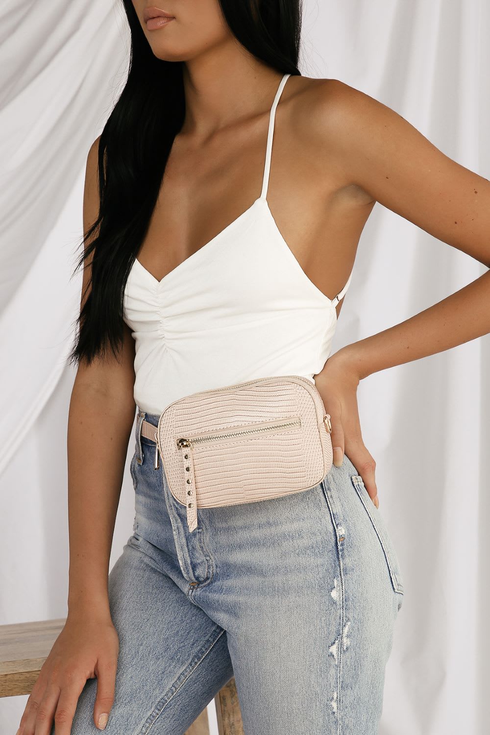blush snake embossed convertible belt bag